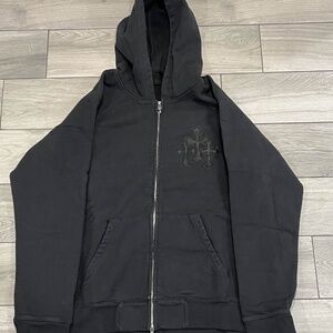 Chrome Hearts Leather Cross Patch Zip Hoodie – Black – Size XL